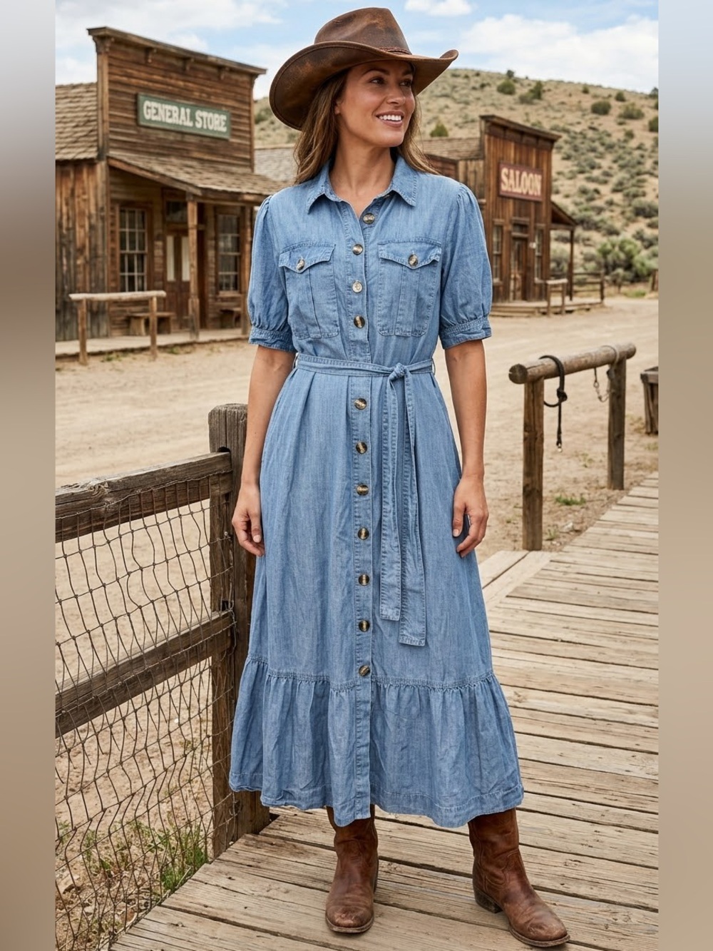 Elan Denim Tiered Maxi Shirt Dress M Blue Western Rodeo Festival Cowgirl Country